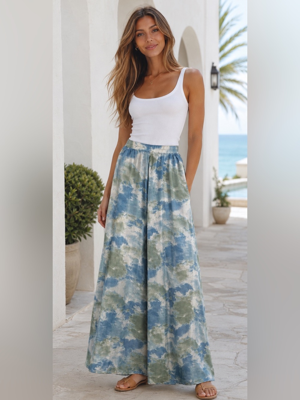 Flowy Blue Green White Abstract Wide Leg Lounge Pants